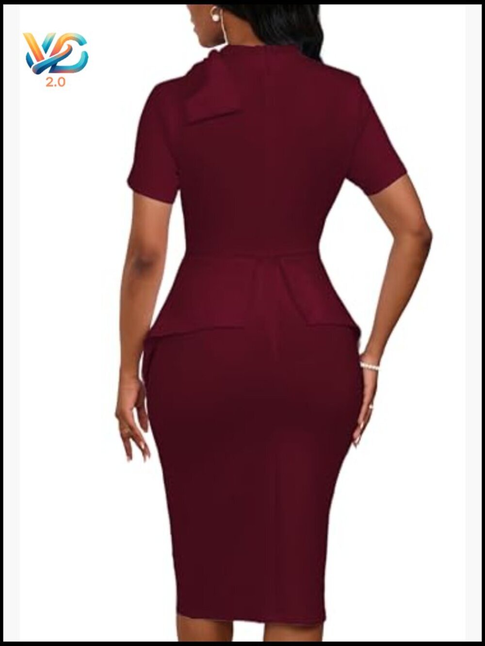 Fashion Peplum Bodycon Short Sleeve Work Dress Bow Ruffle Pencil Formal Cocktail - Picture 6 of 7